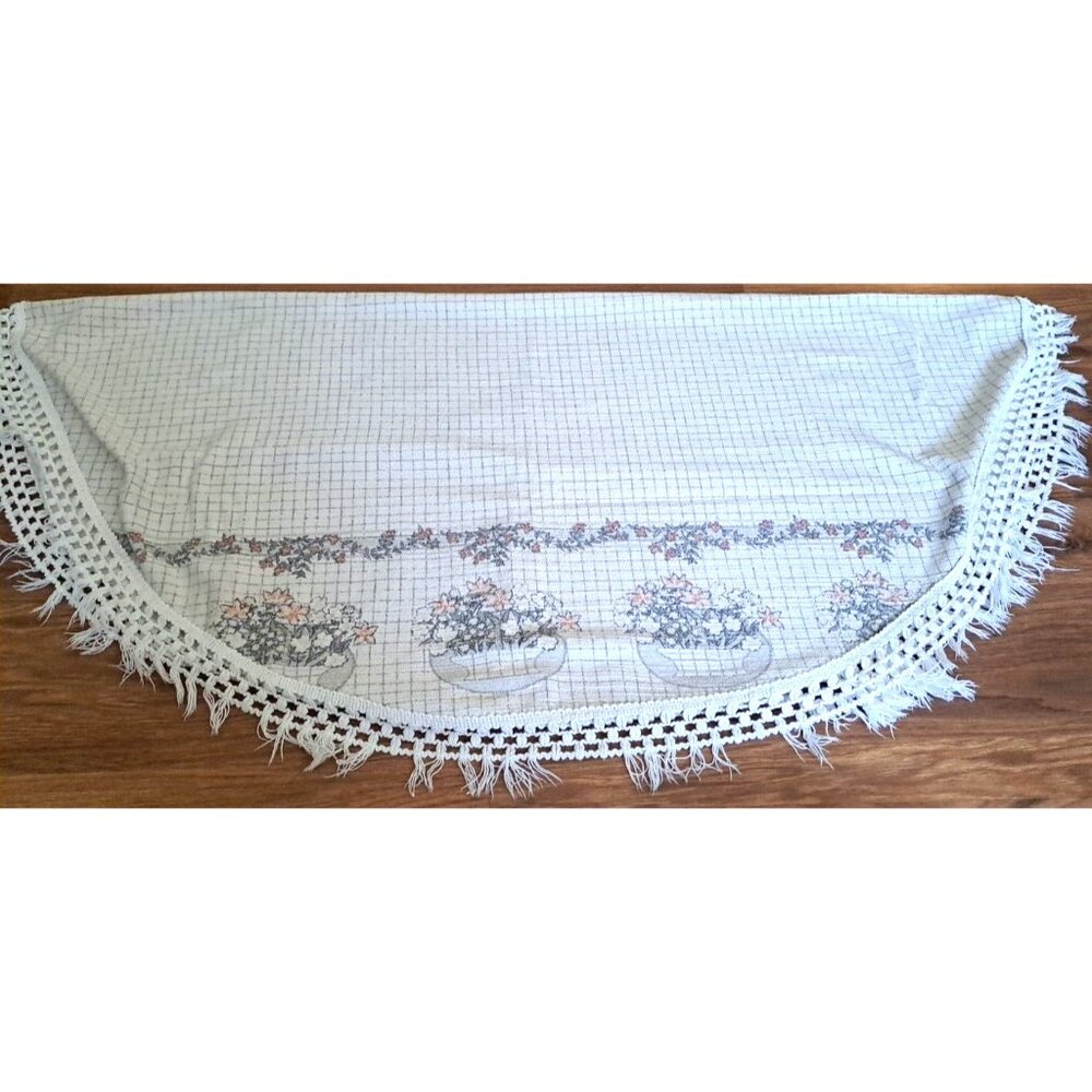 Vintage Round Terrycloth Tablecloth W Fringe White Gray Flower Basket 50"